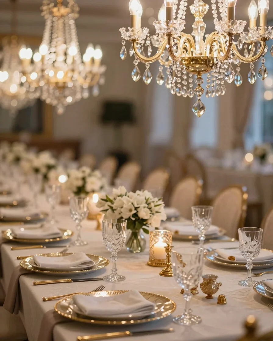 Luxurious catering table setup with crystal glassware and gold ac