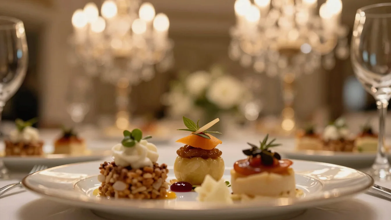 Close-up of an elegantly plated gourmet appetizer with delicate garnishes on a fine dining plate, soft focus background,