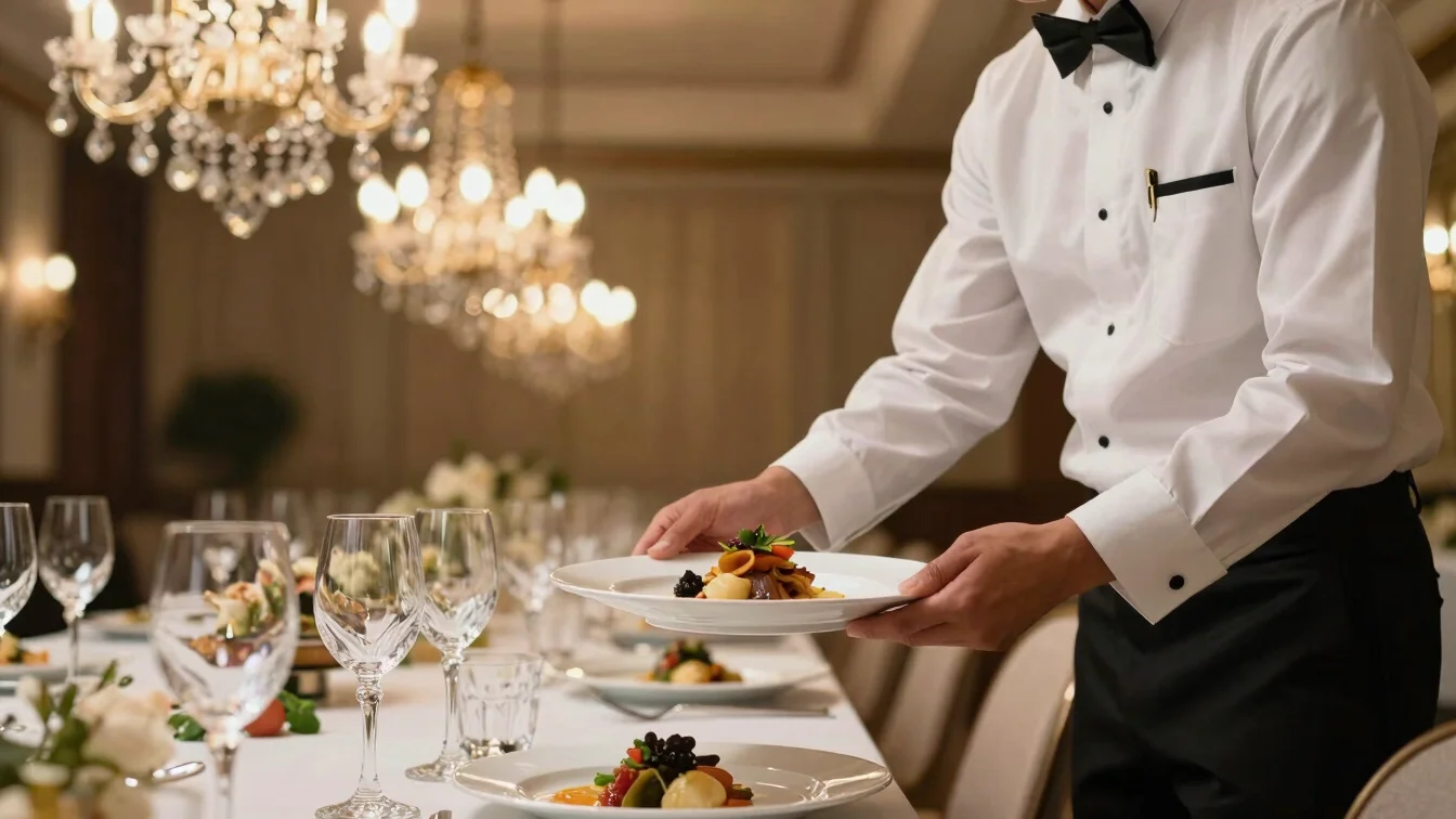 A professional waiter in a crisp uniform serving a dish on a beautifully set table, crystal glassware and soft lighting