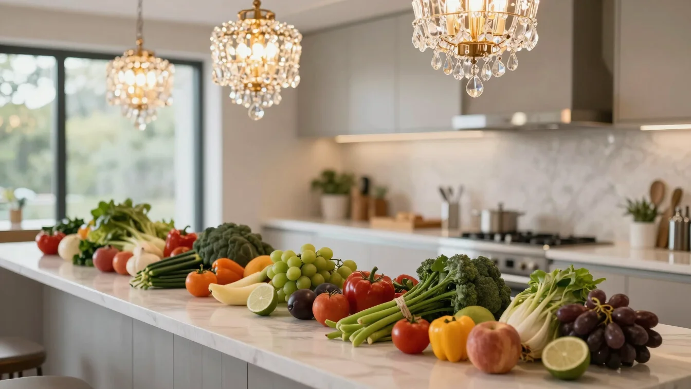 Clean, modern kitchen counter with fresh, vibrant ingredients meticulously arranged, soft natural daylight, warm editori