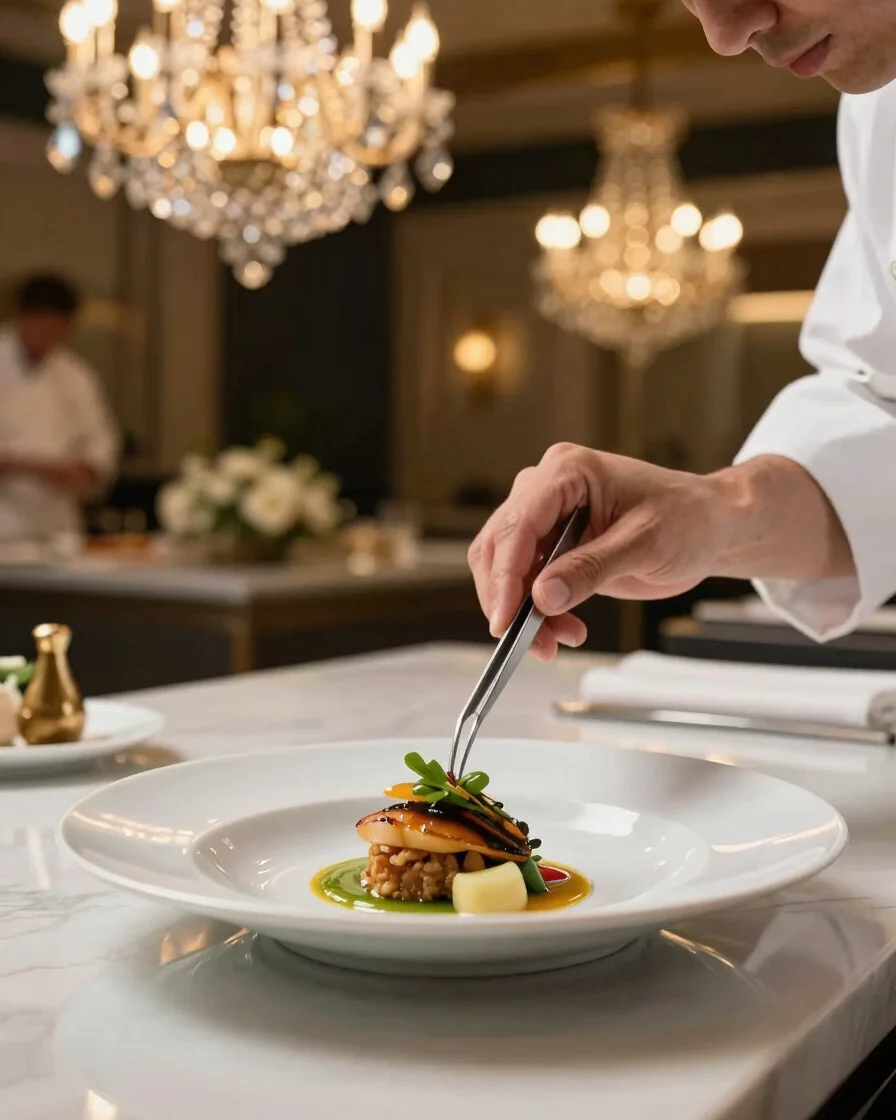 A chef meticulously plating a dish with tweezers, focusing on aesthetic detail, in a clean, well-lit professional kitche
